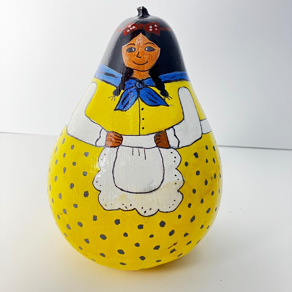 Hand Painted Gourd 6" Yellow Folk Art Girl Figurine Collectible Primitive VTG
